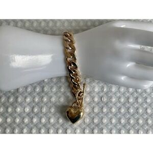 Vintage Style Gold-Tone Chunky Curb Chain Puffed‎ Heart Charm Bracelet Y2K